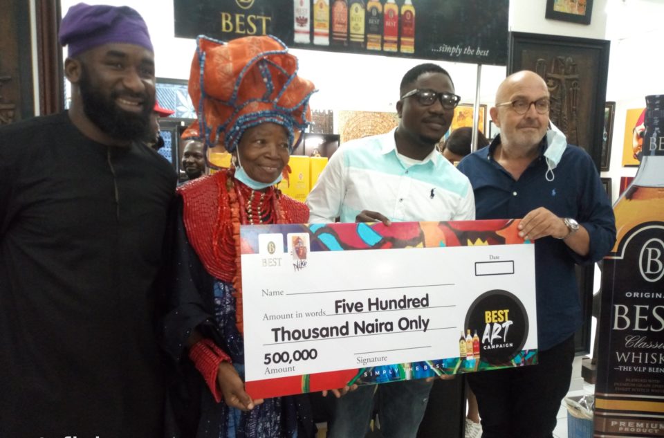 From right: Managing Director of Best, Heiko Arjes; Artist, Adewale Ojo, 1st Prize winner of Best Art Exhibition contest; Chief Dr (Mrs.) Nike Okundaye-Davies, Artist and proprietor of Nike Art Gallery; and Funbi Funbi, OAP/Comedian, during the Best Art Exhibition at Nike Art Gallery, Lagos.